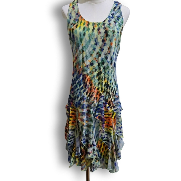 Signature by Robbie Bee ✦ Geometric Midi Dress ✦ Sleeveless Fairy Ruffle Hem 8P - Picture 4 of 16